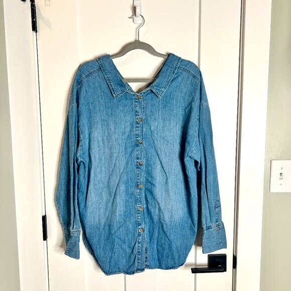 Zara Denim Button Down Long Sleeve Top Peter Pan Collar Oversized Sz Large - Picture 1 of 5